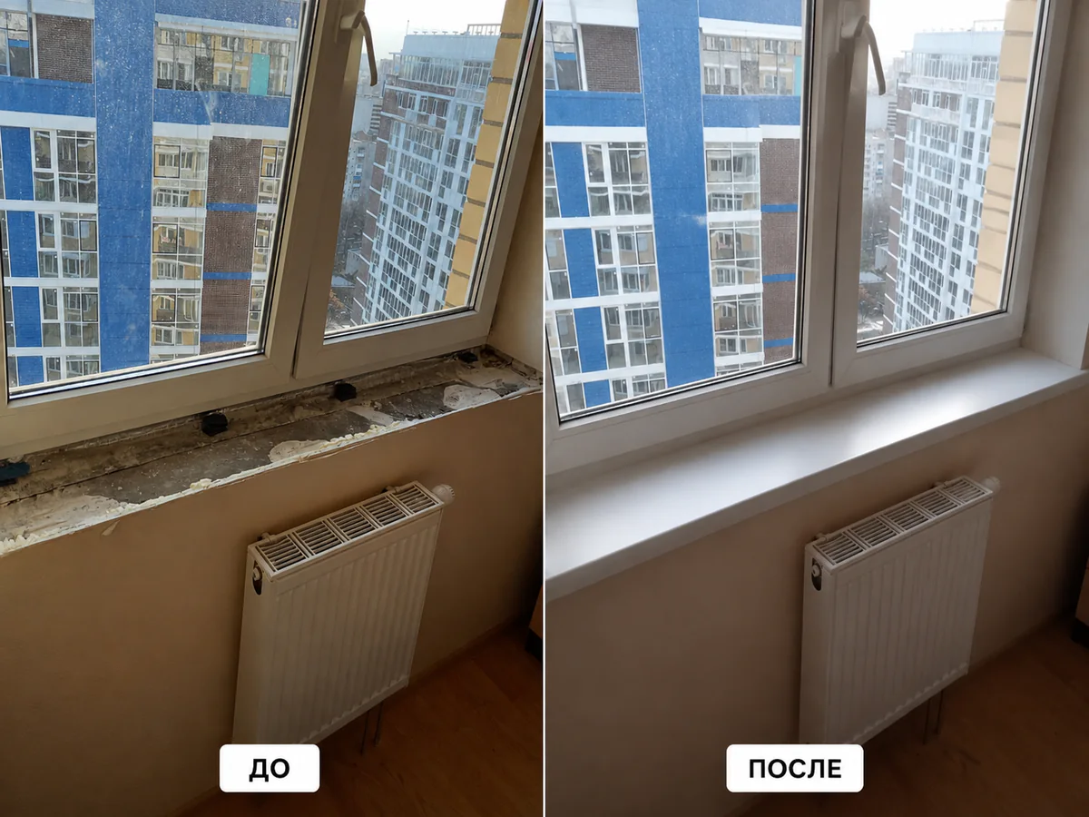 До и после: оконный проём без подоконника и установленный белый подоконник